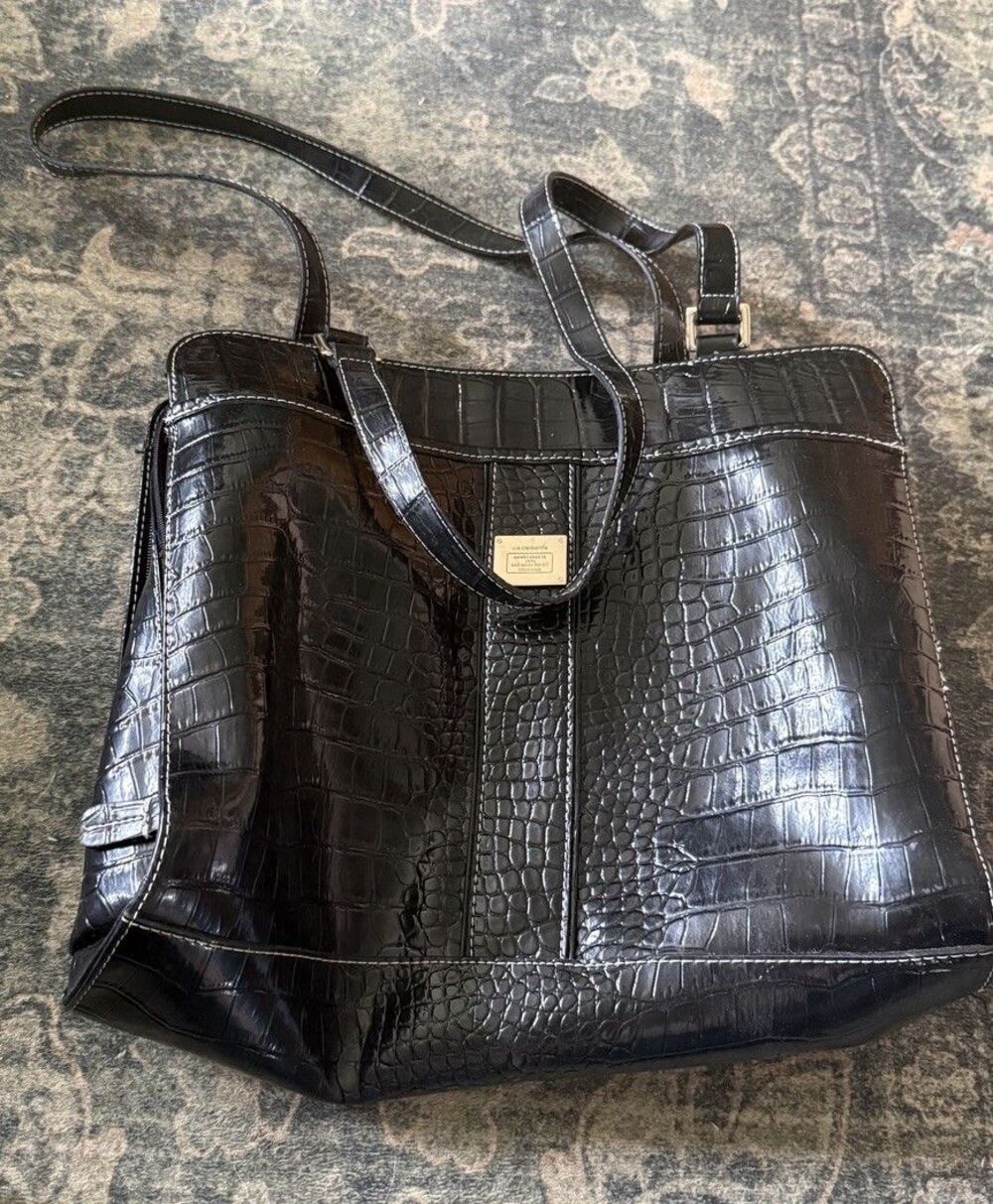 Liz Claiborne Black Faux Croc Embossed Tote Shoulder Bag Multi Pocket Organizer